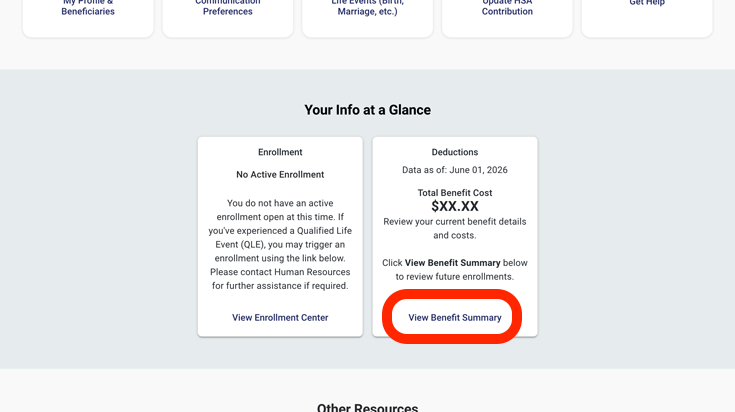 Screenshot of Los Rios Employee Benefits Supersite homepage with the View Benefits Summary link circled in red