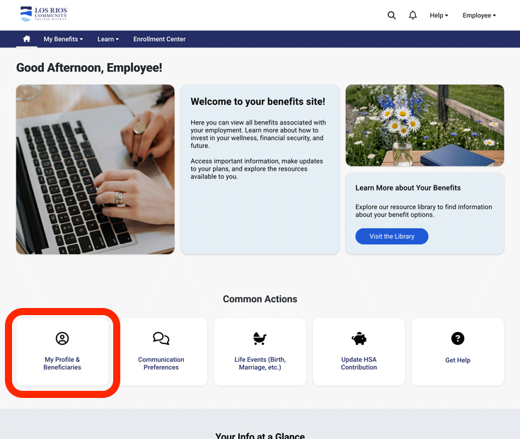 Screenshot of Los Rios Employee Benefits Supersite homepage with the My Profile & Beneficiaries link circled in red