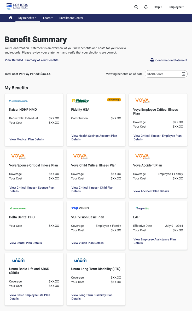 Screenshot of Los Rios Employee Benefits Supersite Benefit Summary webpage