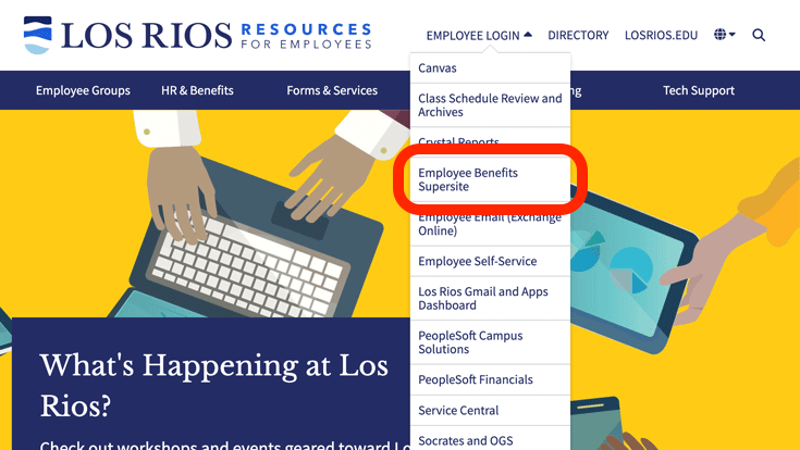 Screenshot of Los Rios employee website with the employee login menu opened and the Employee Benefits Supersite circled in red