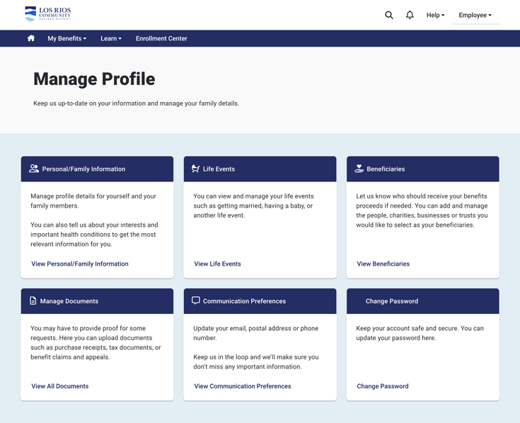 Screenshot of Los Rios Employee Benefits Supersite Manage Profile page