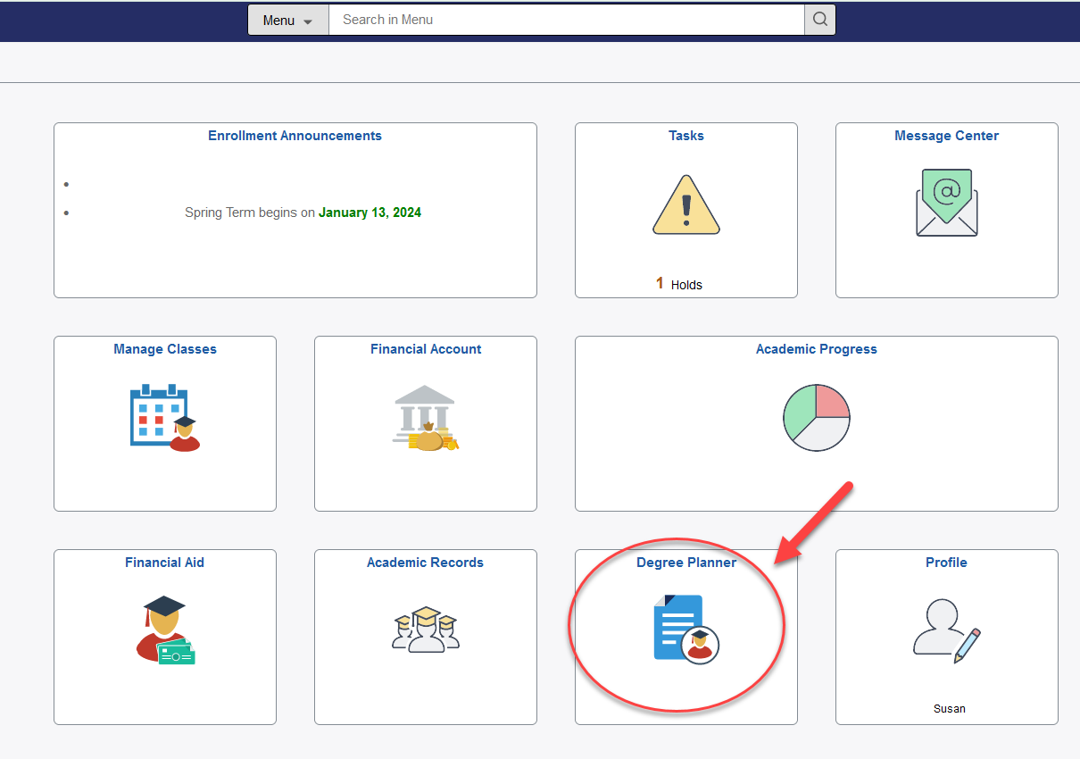 Screenshot of eServices dashboard with arrow pointing to Academic Records tile