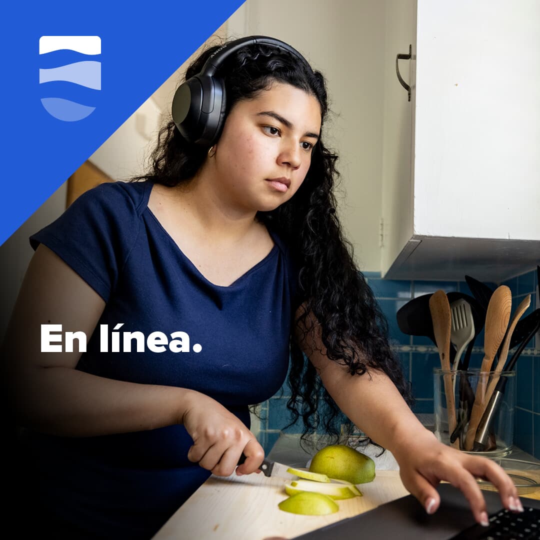 Text in over photo of serious woman standing at a counter with one hand on a laptop that says (in Spanish) En linea next to Los Rios logo