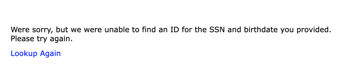 Screenshot of error screen when trying to look up ID