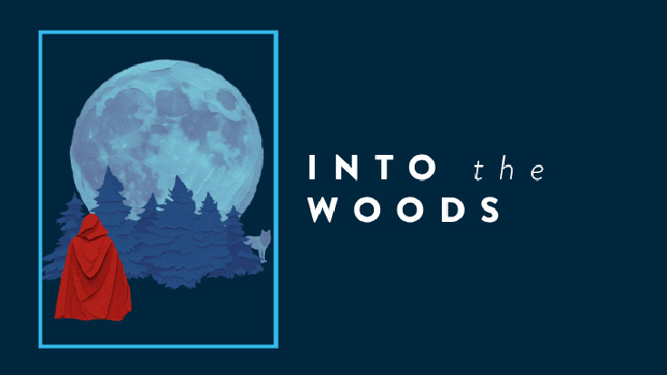 Into the Woods; Red Riding hood figure with a forest and full moon